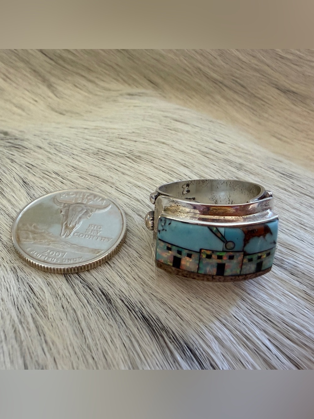 ❤️ Signed Galaxy Micro Inlaid Large Pueblo Scene Sterling Ring Sz 9 Unisex 8.7G - Picture 9 of 17